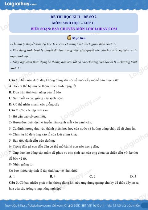 Đề số 2 – Đề kiểm tra học kì 2 – Sinh 11